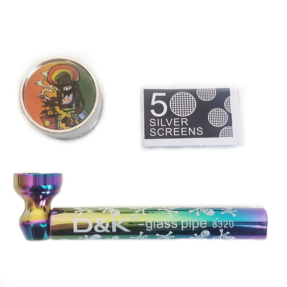 Kit Pipe de Vidro e Metal Skull + Telinha + Dichavador