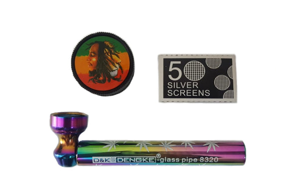 Kit Pipe de Vidro e Metal Erva + Telinha + Dichavador